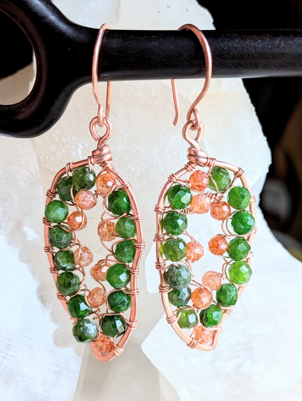Copper Hoop Earrings- Leaf Inspired- Vibrant Natural Gemstones- Artisan Crafted